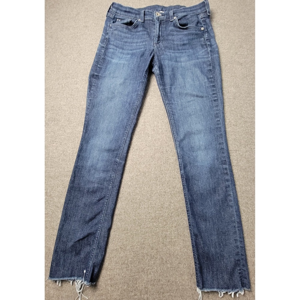 Rag & Bone Ankle Jeans Womens 29 Blue Denim Whiskered Stretch Raw Hem Skinny Leg